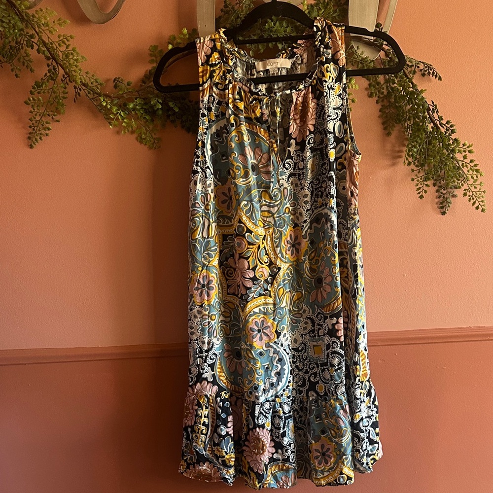 LOFT Floral and Paisley Dress with Tie Neck